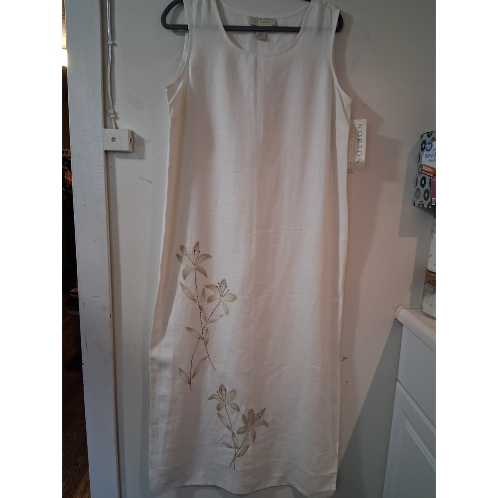Norton McNaughton White 100% Linen Floral Embroidered Maxi Dress Sleeveless L